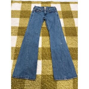 True Religion Joey Rainbow Big T Flare Jeans Boy Size 14 Blue Denim Twisted Seam